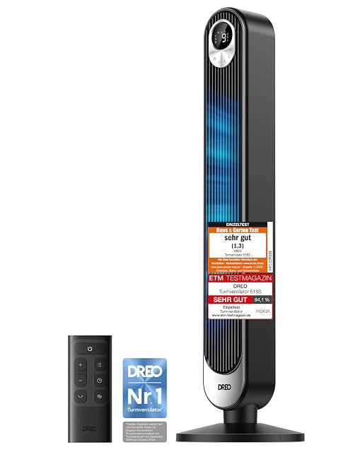 DREO Cruiser Pro T1 Turmventilator, schwarz, auf seinem Sockel stehend